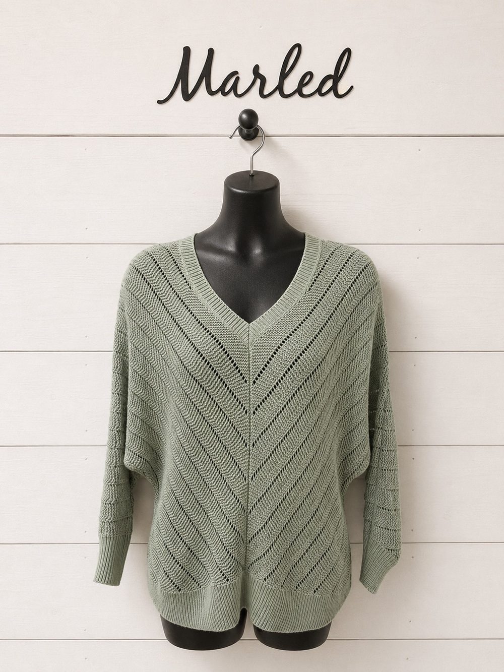 MARLED OPEN KNIT CHEVRON SWEATER – Light Sage Green (L)